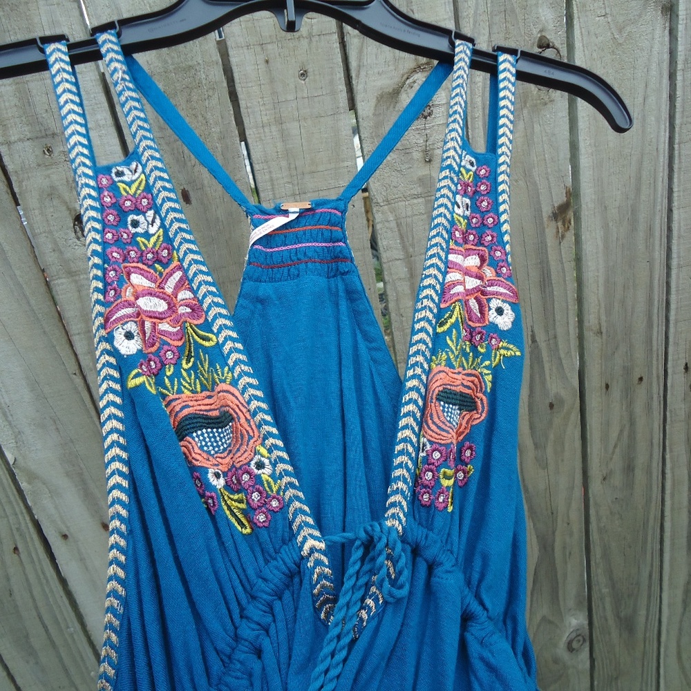 NWT Free People Embroidered Cove Lover's Dress M Teal Strappy
